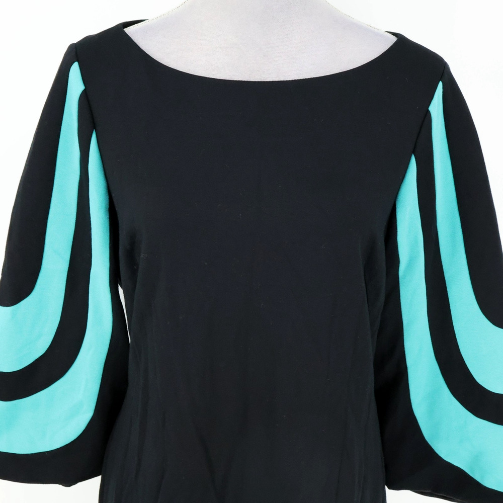 Trina Turk Dress Women Small Hijinx Black Green Mod Bell Sleeve Sheath Knit - Picture 8 of 15